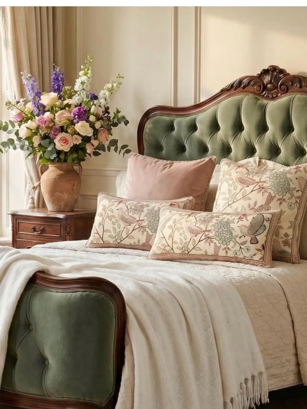 Floral Bird Embroidered Accent Pillow - Pink & Cream